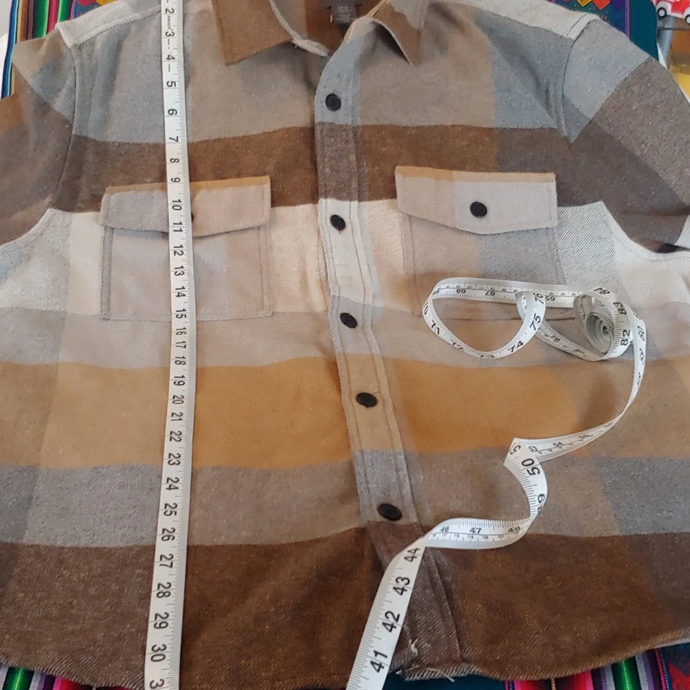 Men's Plaid Polyester Blend Button Shirt Brown, Tan, XL - Picture 10 of 15